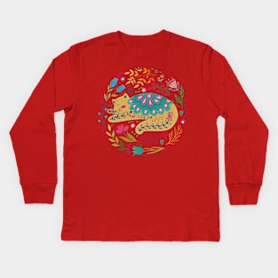 colorful illustration with beautiful cat and flowers #6 Kids Long Sleeve T-Shirt